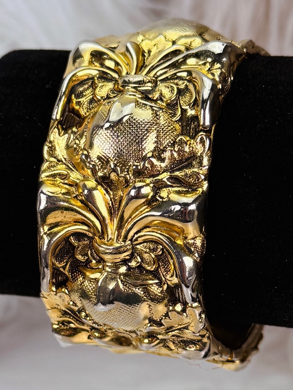 Vintage aged goldtone, wide band ornate, Victorian, art deco, hinged bracelet